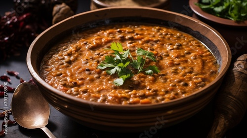 A bowl of spicy Moroccan lentil soup with harissa