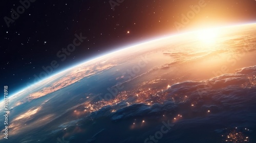 3D Render of Sunrise Over Planet Earth  Featuring the Sun  Stars  and Galaxy in a Breathtaking Cosmic Vista
