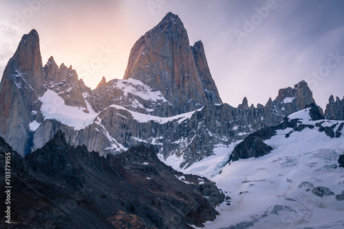 Sunset behind Mt.Fitzroy with beautiful twilight from Laguna de Los Tres view point (Patagonia, El chalten, Argentina)