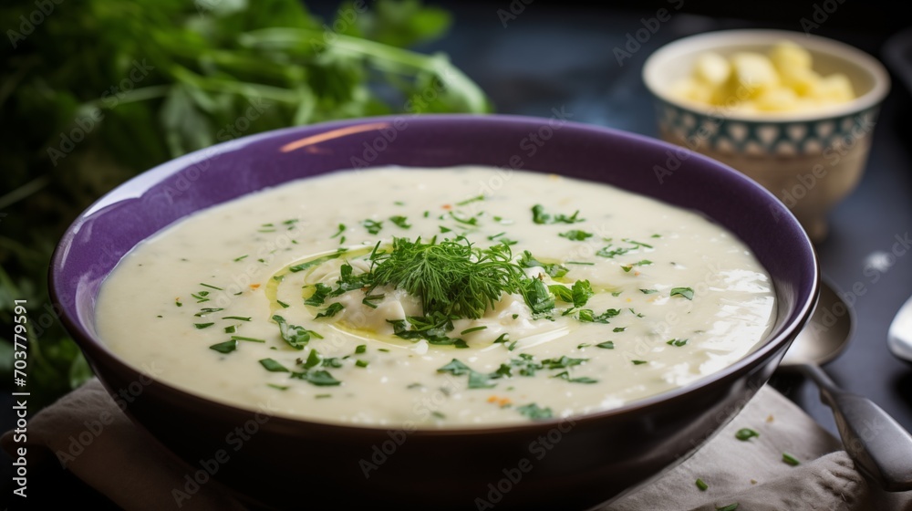 A bowl of creamy roasted cauliflower and potato soup with chives