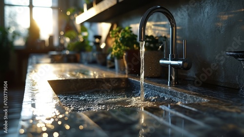 Generative AI Sleek chrome kitchen faucet, modern design, water cascading, atmospheric lighting, photorealistic depiction