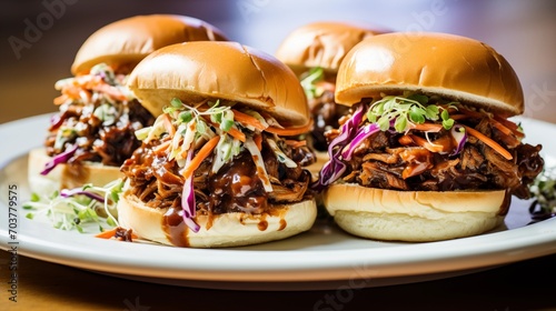 A plate of barbecue pulled mushroom sliders with slaw