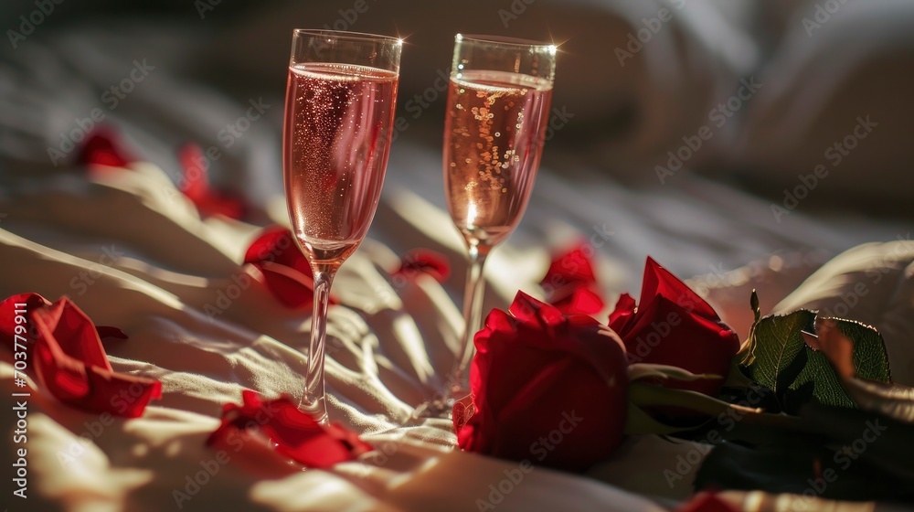 Pink shining champagne glasses and red rose on bed. Global Love Day and Valentine's Day concept.