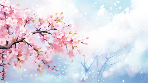 Spring background with the image of blue sky and cherry blossoms Watercolor illustration material