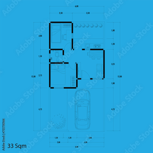 Floor plan type 33 sqm  6x12 meters. Figure of the jotting sketch of the construction and the industrial skeleton of the structure and dimensions. vector eps 10