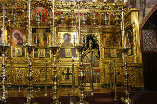 The icon wall at Kykkos Monastery in Troodos Mountains, Cyprus photo
