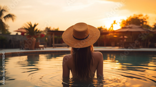 woman in swimming pool in hat. rear view at sunrise or sunset.