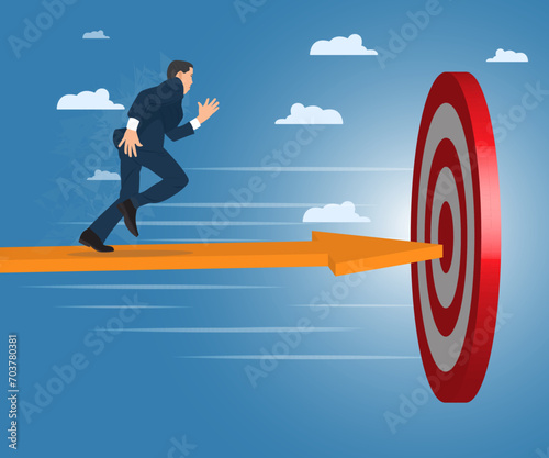 Businessman running towards the goal, striving for success. Business concept vector illustration