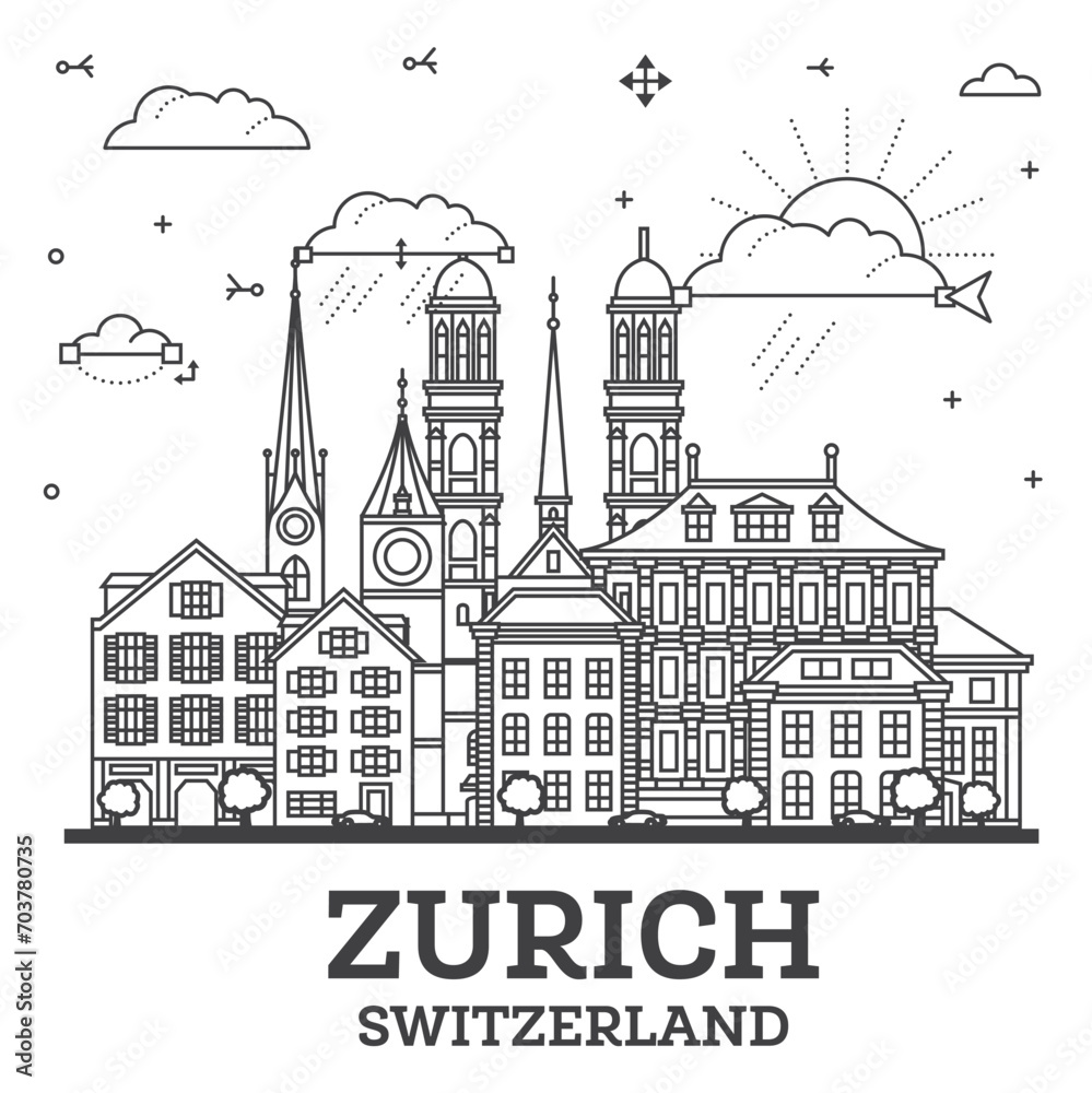 Outline Zurich Switzerland City Skyline with Modern and Historic Buildings Isolated on White. Zurich Cityscape with Landmarks.