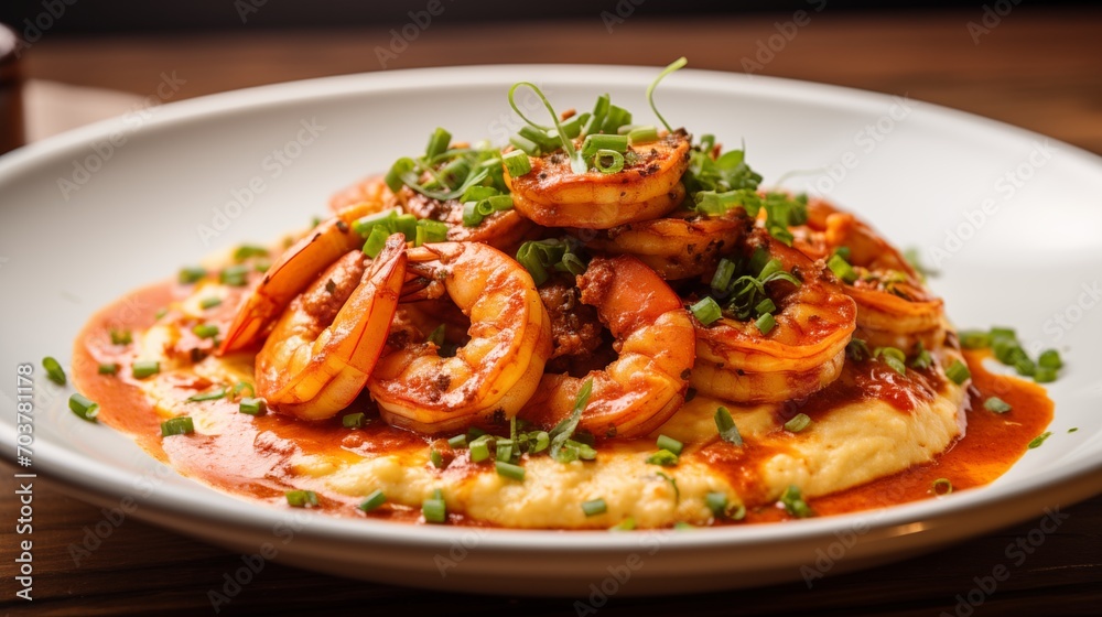 A plate of spicy Cajun shrimp and grits with a sprinkle of parsley