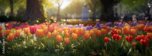 Generative AI Tulip flowerbed in a park adorned with a blend of tulip varieties, attracting admiration. #703781305