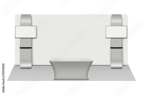 Trade show portable booth display kit vector mock-up. Expo set template. Tradeshow tension fabric backdrop banner, TV stands with shelves, exhibition table counter mockup