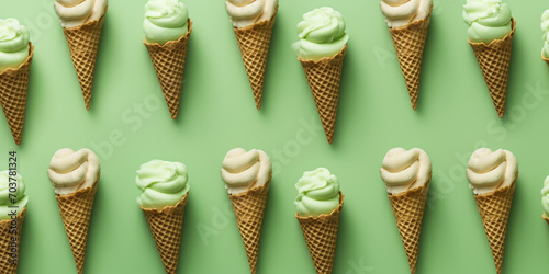 A green ice cream cone with a green pattern on it, A ice cream cone with green icing on it, Homemade avocado ice cream in a cone, generative AI