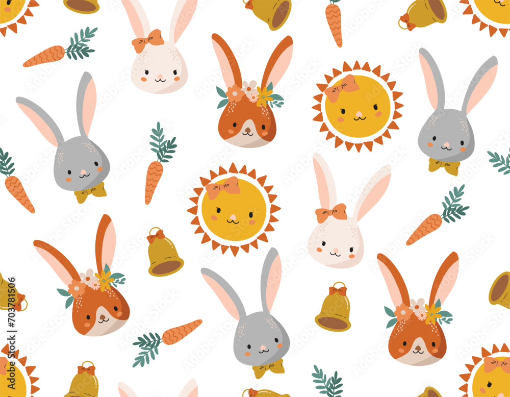 Easter pattern  rabbit bunny, eggs, flowers. Vector Seamless spring seamless background