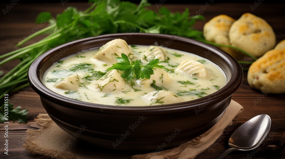 A bowl of creamy chicken and dumpling soup with fresh herbs