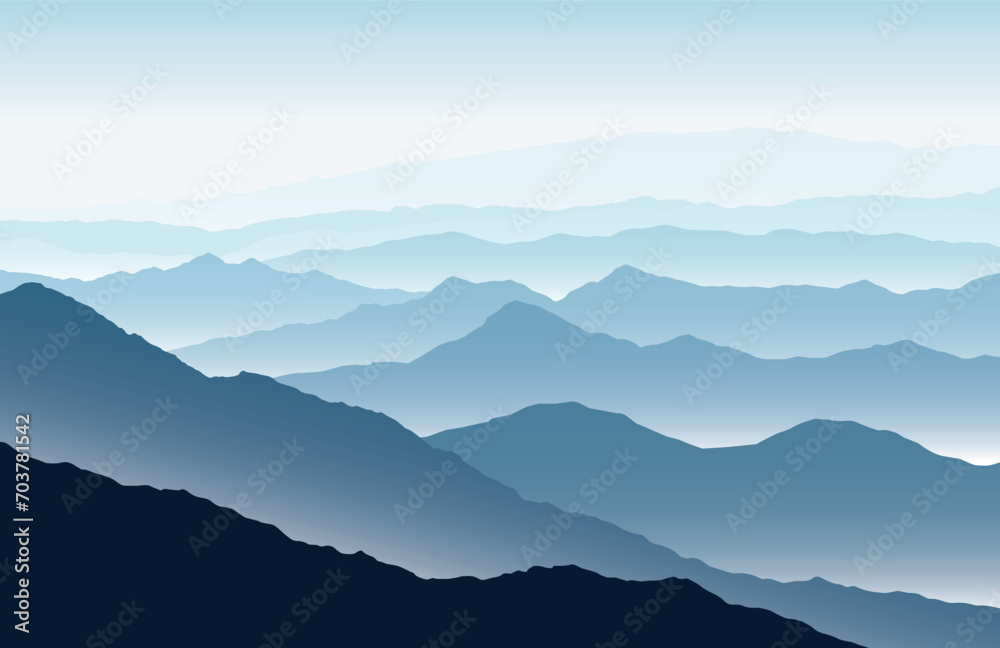 Vector horizontal panoramic landscape with blue silhouettes of misty mountains and hills