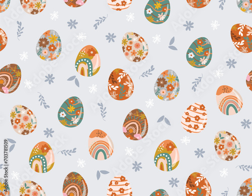 Easter pattern  rabbit bunny, eggs, flowers. Vector Seamless spring seamless background