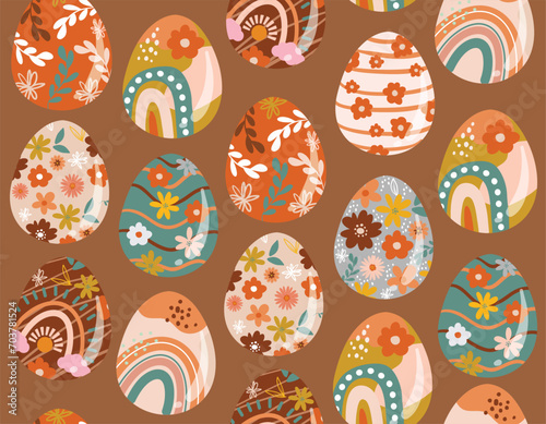 Easter pattern  rabbit bunny, eggs, flowers. Vector Seamless spring seamless background