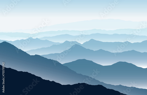 Fototapeta Naklejka Na Ścianę i Meble -  Vector horizontal panoramic landscape with blue silhouettes of misty mountains and hills