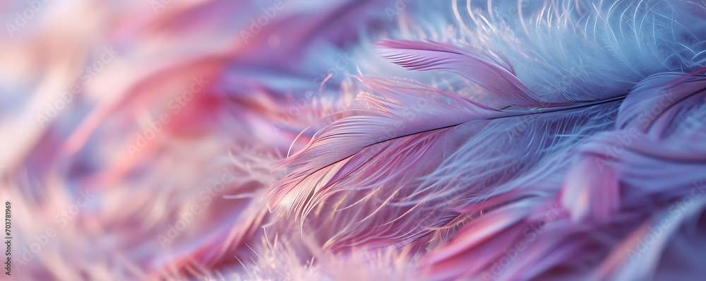 Delicate feather patterns in soft hues of pink, violet, and blue, creating a whimsical and ethereal background with a touch of delicacy.