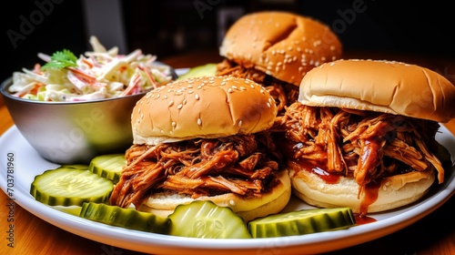 A plate of barbecue pulled chicken sliders with coleslaw and pickles