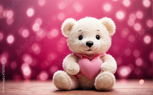 white teddy bear with heart shaped gift with pink bokeh valentine background © Johan Wahyudi