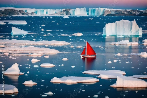 Little red sailboat cruising among floating icebergs in Disko Bay glacier during midnight sun season of polar summer.  photo