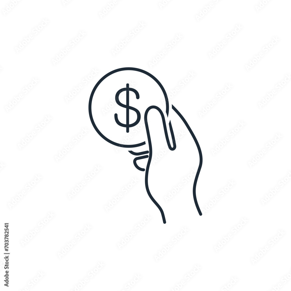 Hand with dollar. Take, give. Borrower, lender. Cash. Payment. Vector linear icon illustration isolated on white background. Hand with dollar. Take, give. Borrower, lender. Cash. Payment. Vector linear icon illustration isolated on white background.