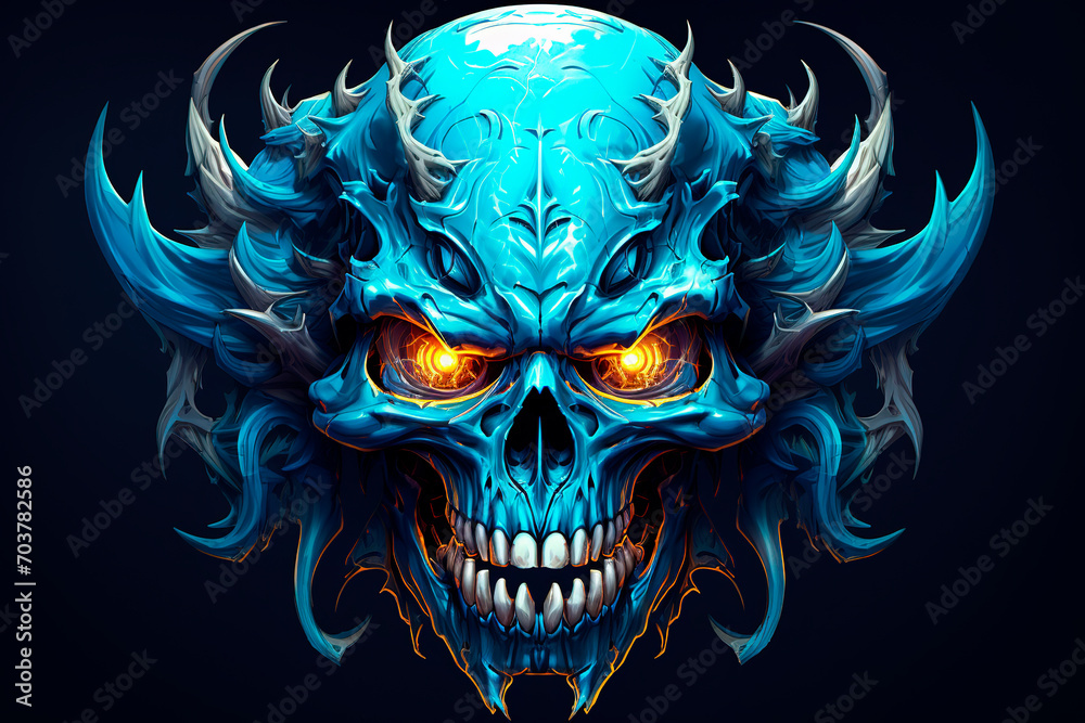 A blue demon skull with glowing eyes. Generative AI A blue demon skull with glowing eyes. Generative AI