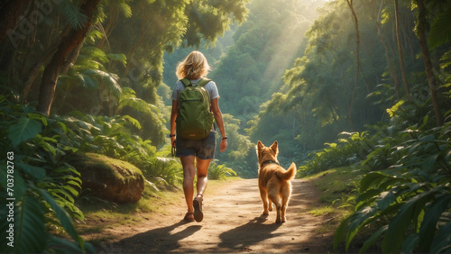 Middle-aged blonde woman in shorts and with a backpack over her shoulders is walking along a sunlit path in a dense, beautiful forest. Her dog runs beside her.