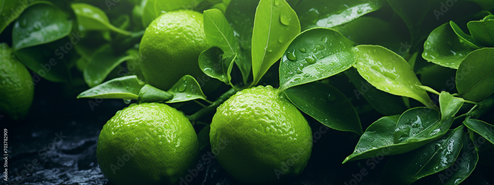 Fresh green bergamot hanging on a branch. bergamot garden. Generative AI - obrazy, fototapety, plakaty 