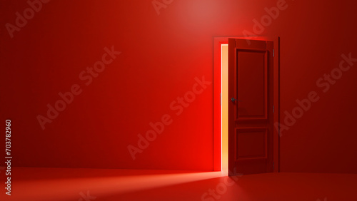 3d render, yellow light going through the open door isolated on Red background. Architectural design element. Modern minimal concept. Opportunity metaphor photo