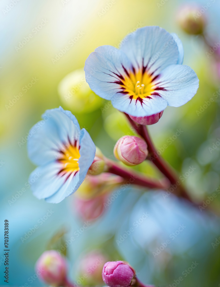 Obraz premium close up of beautiful purple primrose flower with spring blue bokeh background