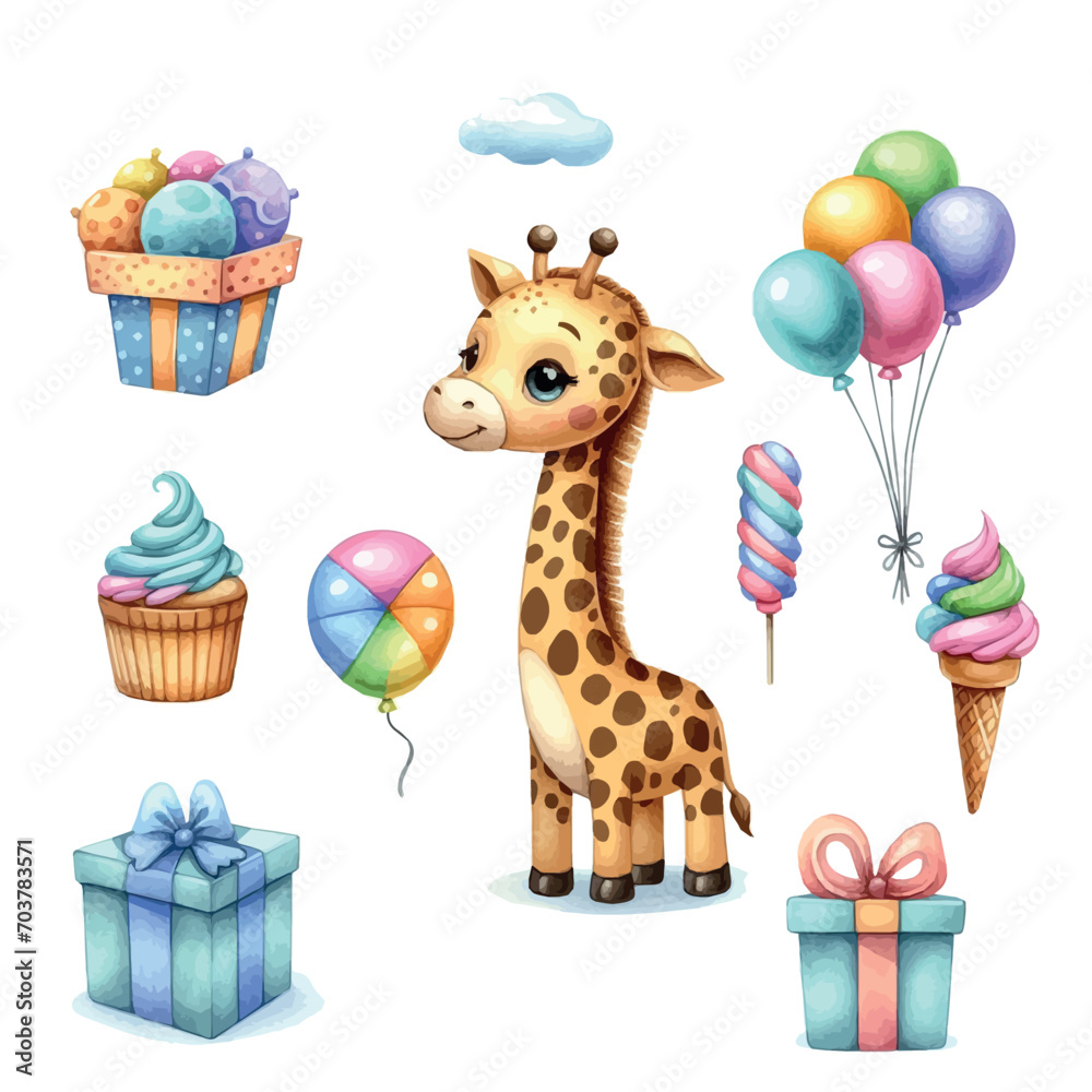 Naklejka premium birthday card with giraffe. cute giraffe. watercolor illustration of a giraffe on a white background. animals.funny animals. giraffe