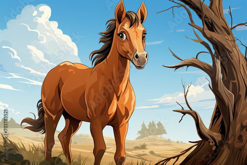 stail cartoon horse under the tree