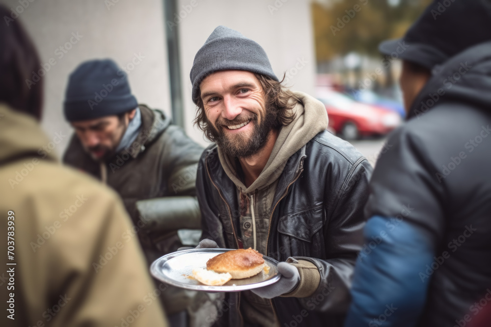 A homeless man with a joyful smile holds a plate of hot food. The idea of the importance of charity, volunteerism and support for vulnerable segments of the population