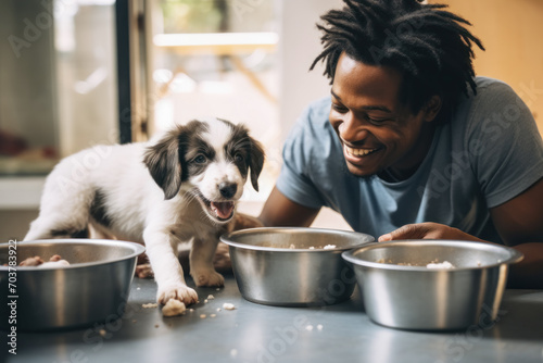 A young black man with a bright smile feeds a cheerful puppy in a shelter. The atmosphere of interaction between humans and animals emphasizes the joy and care of pets photo