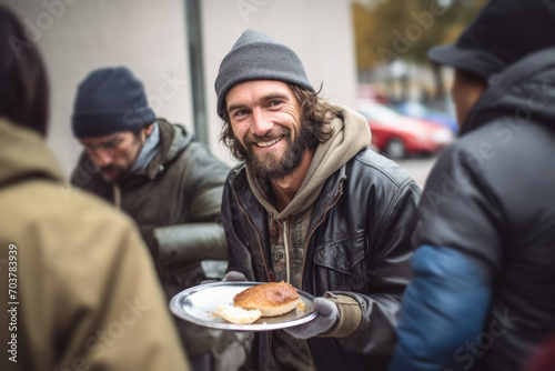 A homeless man with a joyful smile holds a plate of hot food. The idea of the importance of charity  volunteerism and support for vulnerable segments of the population