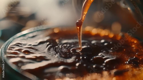 Honey pouring into coffee reversed macro close-up animation