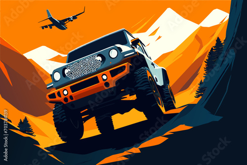 Off-road vehicle conquering a hill. vektor illustation