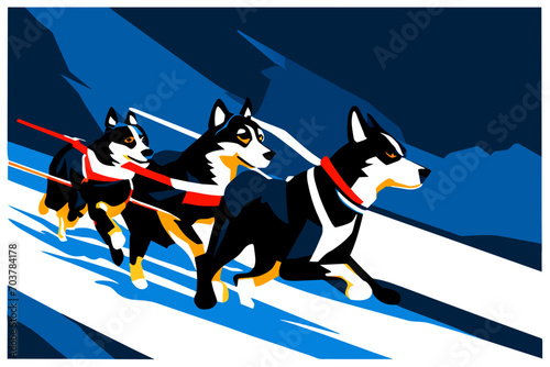 Sled dog team racing in the snow. vektor illustation
