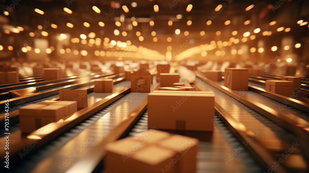 Efficient Logistics: Cardboard Box Packages on Conveyor Belt in a Warehouse Efficient Logistics: Cardboard Box Packages on Conveyor Belt in a Warehouse
