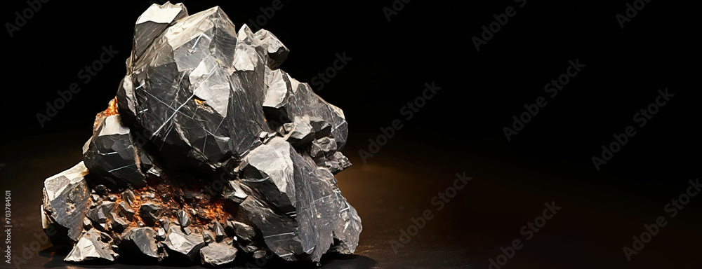 Alamosite is a rare precious natural stone on a black background. AI generated. Header banner mockup with space.