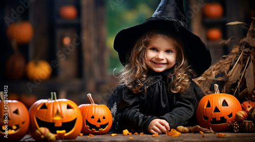 Adorable Halloween Enchantment: Child Girl as a Little Cute Witch with Pumpkin