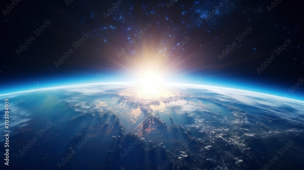 3D Render of Sunrise Over Planet Earth, Featuring the Sun, Stars, and Galaxy in a Breathtaking Cosmic Vista