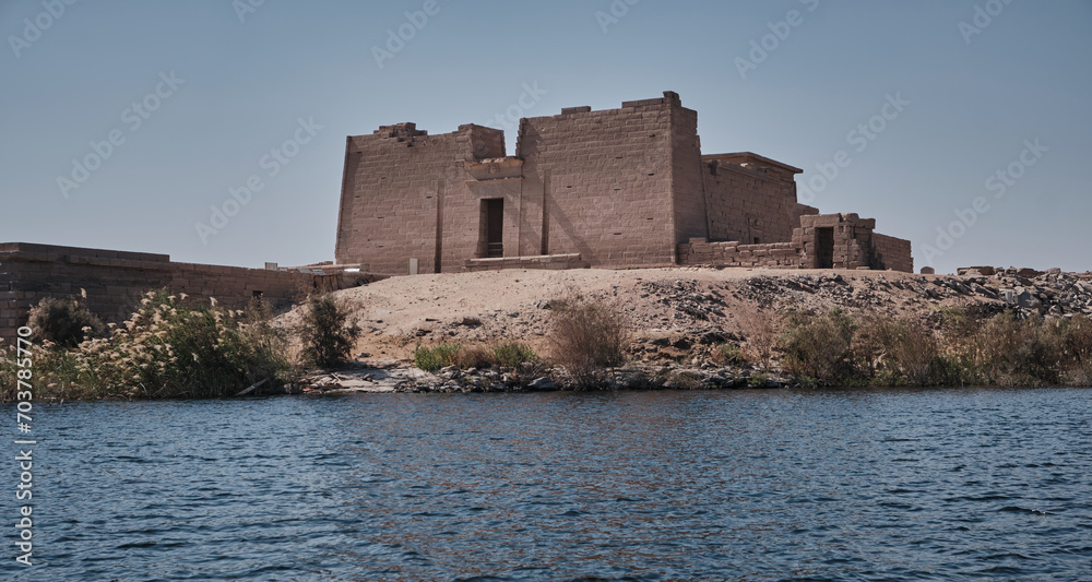 The Temple of Kalabsha (Temple of Mandulis) in Aswan , Egypt is an ancient temple that was originally located at Bab al-Kalabsha (Gate of Kalabsha)  50 km south of Aswan. External view from Nile river