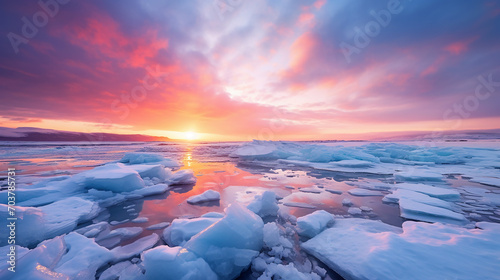 Subzero sunrise over a frozen bay with the sky painted in shades of orange