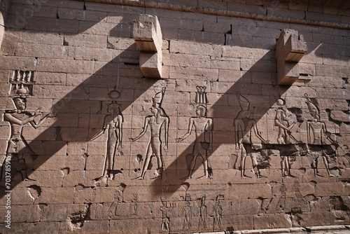The Temple of Kalabsha (Temple of Mandulis) in Aswan, Egypt is an ancient Egyptian temple that was originally located at Bab al-Kalabsha (Gate of Kalabsha)  50 km south of Aswan. Relief on the walls 