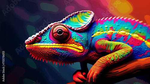 Chromatic Camouflage: Colorful Chameleon on Multicolor Rounded Background © Maximilien