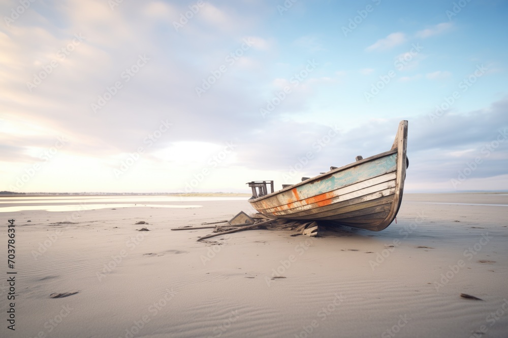 abandoned wooden boat on a deserted beach